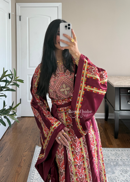 Burgundy Satin Kasab Full Embroidered Thobe