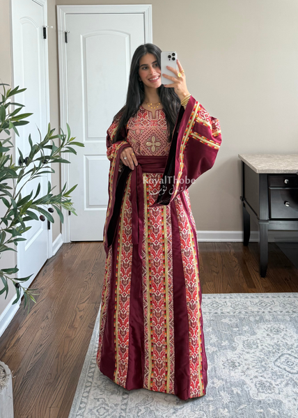 Burgundy Satin Kasab Full Embroidered Thobe