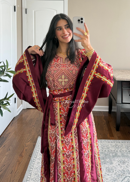 Burgundy Satin Kasab Full Embroidered Thobe