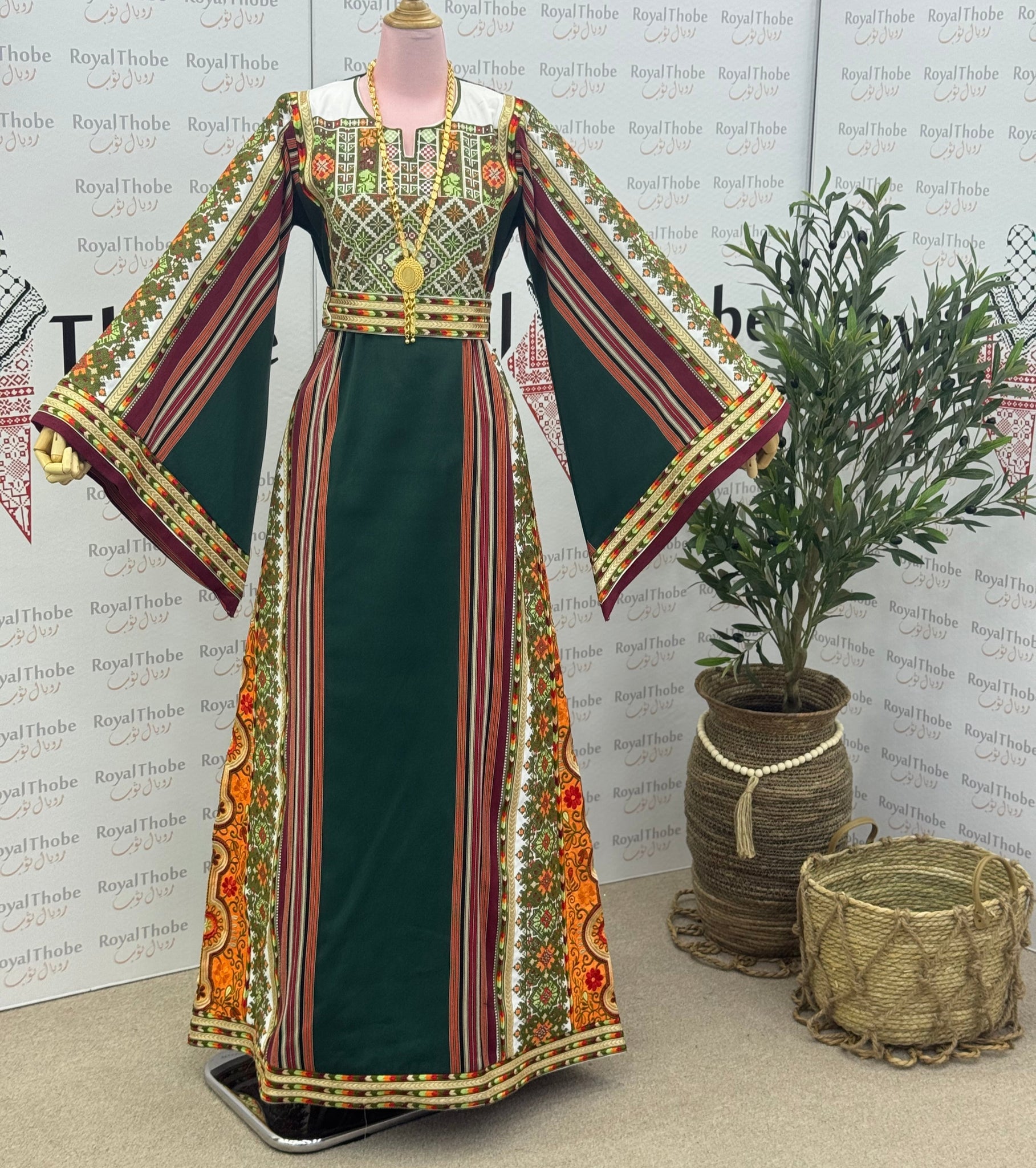 Olive Green/Orange Majdlawe Long Full Embroidered Thobe