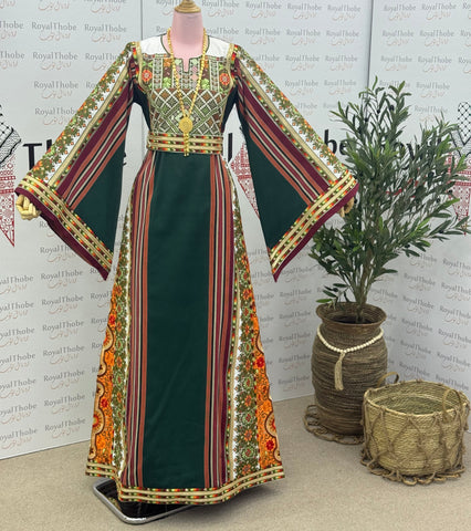 Olive Green/Orange Majdlawe Long Full Embroidered Thobe