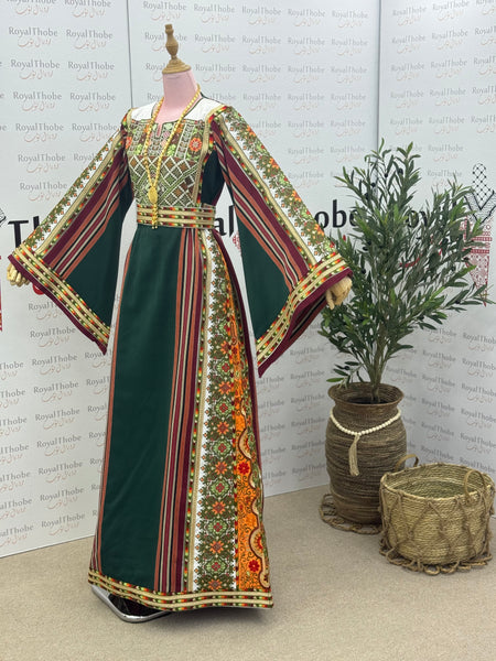 Olive Green/Orange Majdlawe Long Full Embroidered Thobe