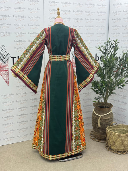 Olive Green/Orange Majdlawe Long Full Embroidered Thobe