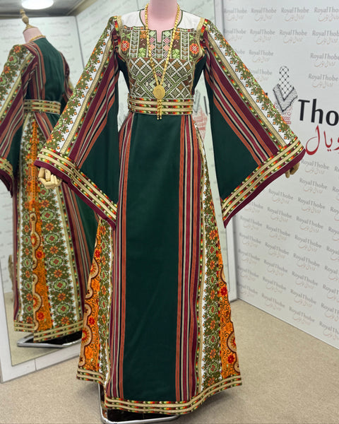 Olive Green/Orange Majdlawe Long Full Embroidered Thobe