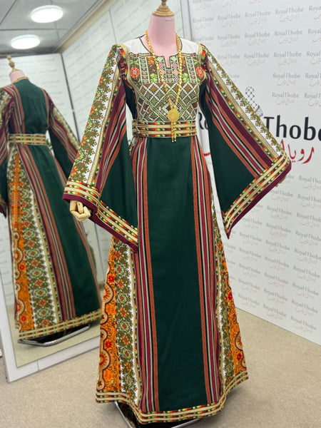 Olive Green/Orange Majdlawe Long Full Embroidered Thobe