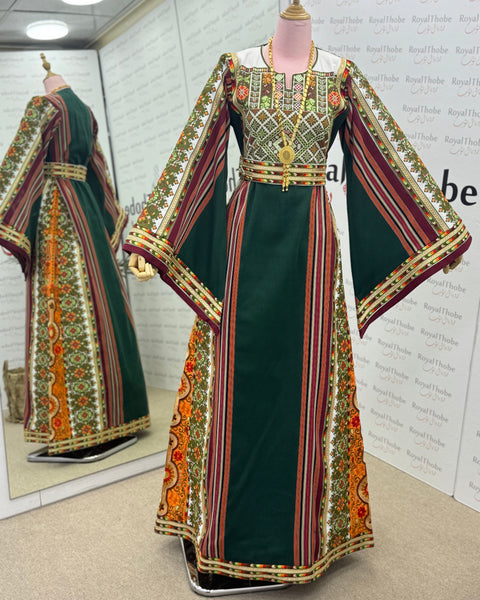 Olive Green/Orange Majdlawe Long Full Embroidered Thobe