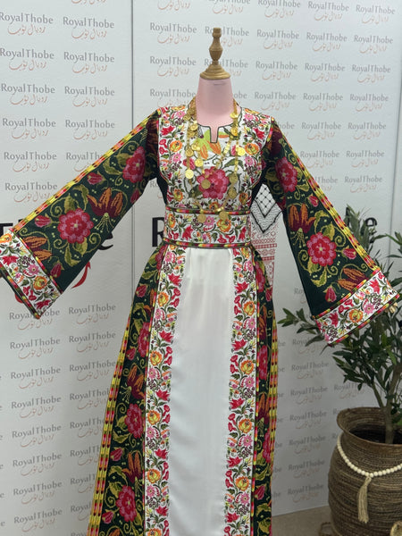 White/ Olive Green Floral Long Full Embroidered Thobe