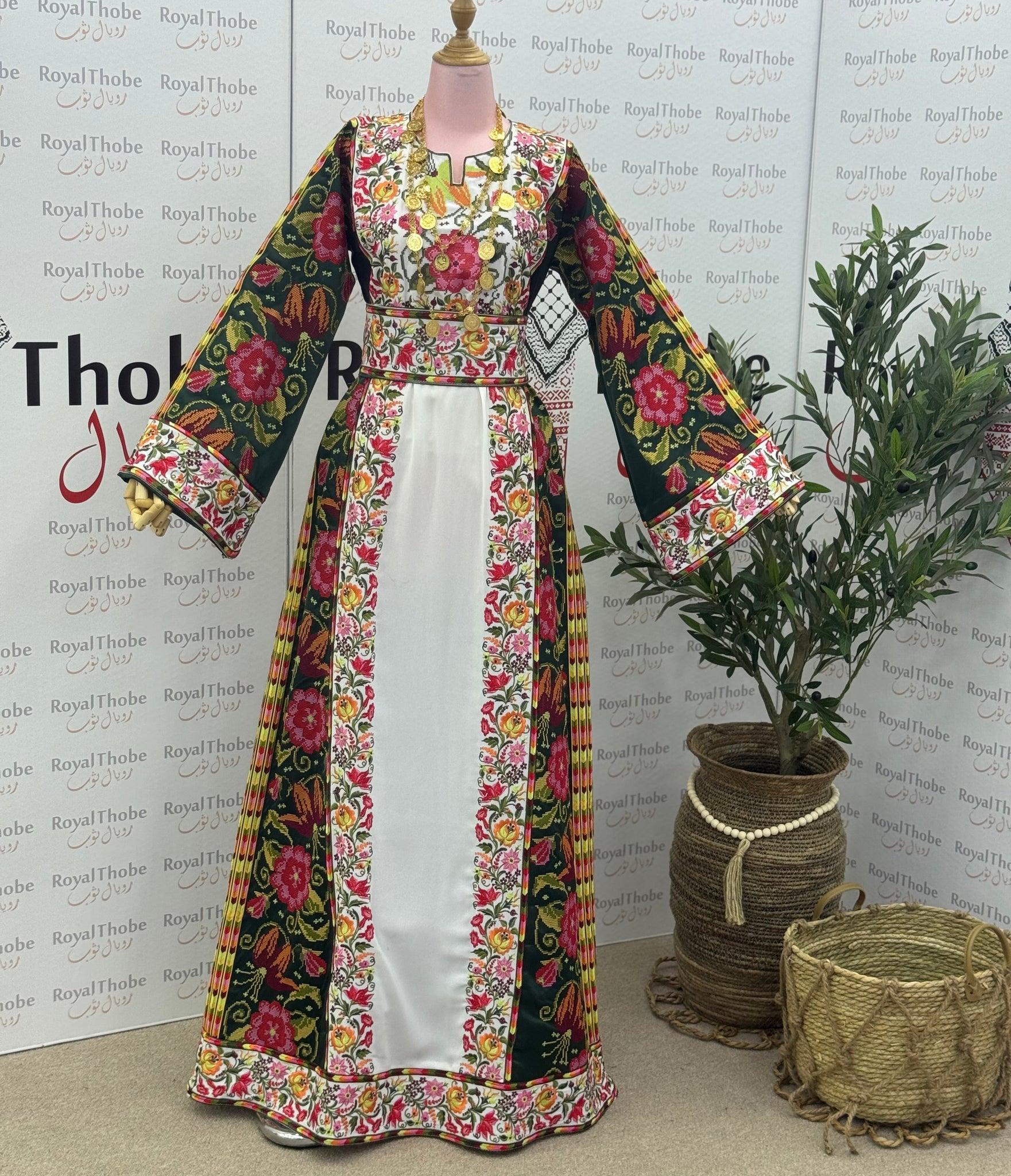 White/ Olive Green Floral Long Full Embroidered Thobe