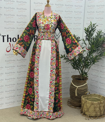 White/ Olive Green Floral Long Full Embroidered Thobe