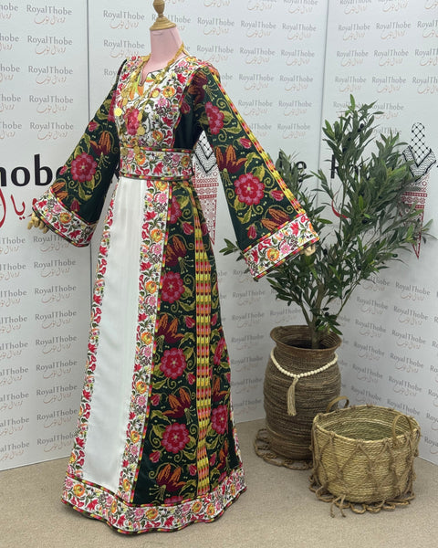 White/ Olive Green Floral Long Full Embroidered Thobe