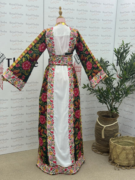 White/ Olive Green Floral Long Full Embroidered Thobe