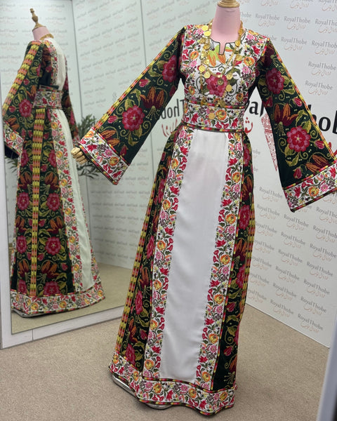 White/ Olive Green Floral Long Full Embroidered Thobe