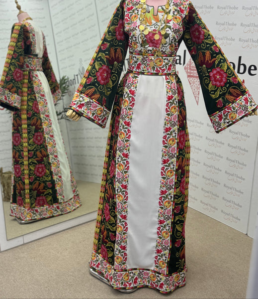 White/ Olive Green Floral Long Full Embroidered Thobe