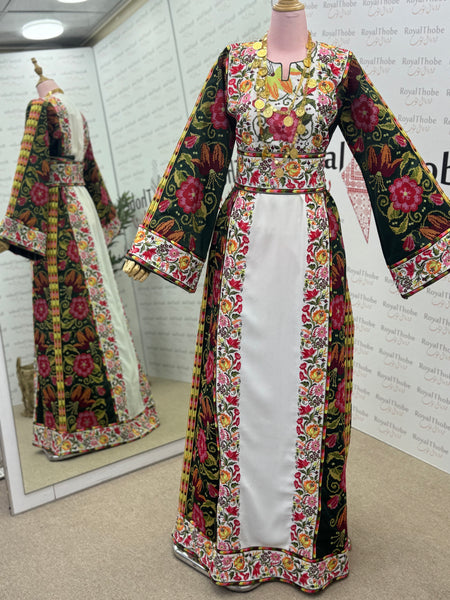 White/ Olive Green Floral Long Full Embroidered Thobe