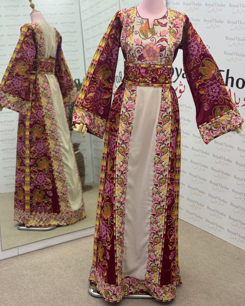 Beige/ Satin Burgundy Floral Long Full Embroidered Thobe