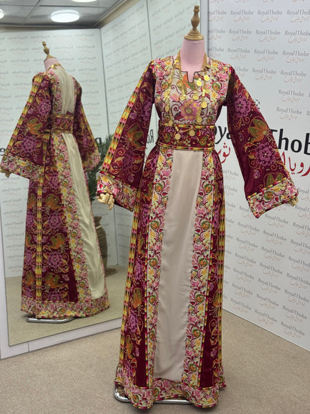 Beige/ Satin Burgundy Floral Long Full Embroidered Thobe