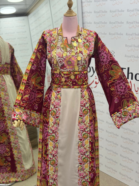 Beige/ Satin Burgundy Floral Long Full Embroidered Thobe