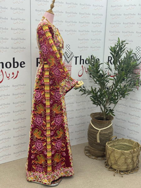 Beige/ Satin Burgundy Floral Long Full Embroidered Thobe
