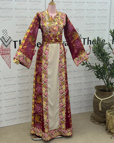 Beige/ Satin Burgundy Floral Long Full Embroidered Thobe