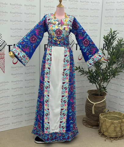 White/ Royal Blue Floral Long Full Embroidered Thobe