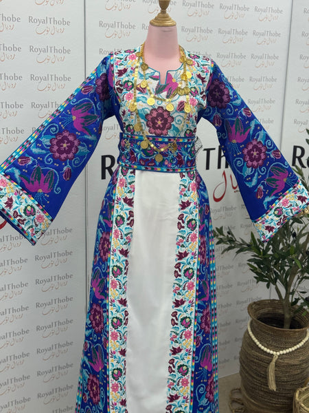 White/ Royal Blue Floral Long Full Embroidered Thobe