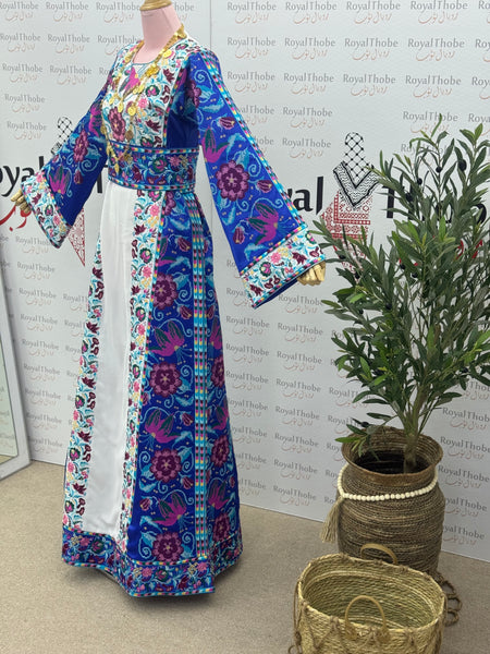 White/ Royal Blue Floral Long Full Embroidered Thobe
