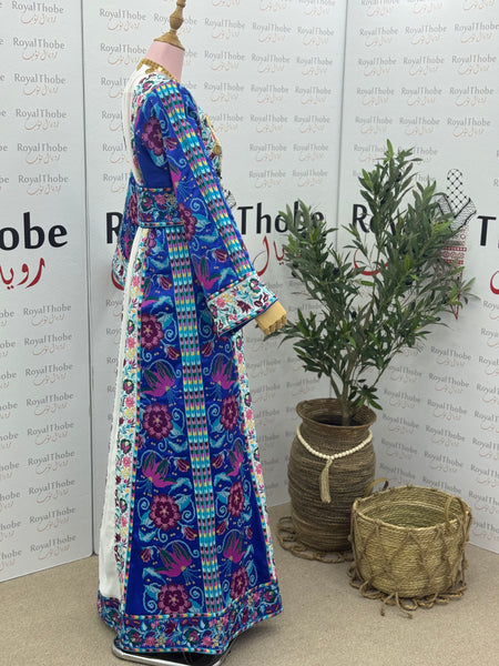 White/ Royal Blue Floral Long Full Embroidered Thobe