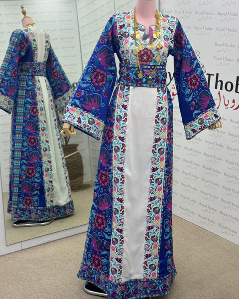 White/ Royal Blue Floral Long Full Embroidered Thobe