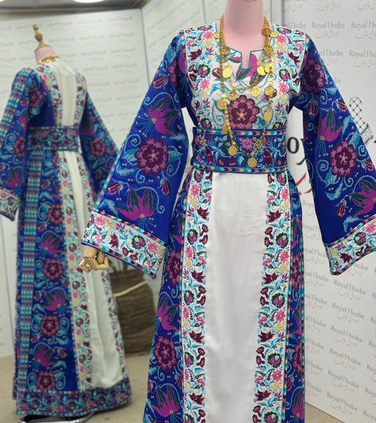 White/ Royal Blue Floral Long Full Embroidered Thobe