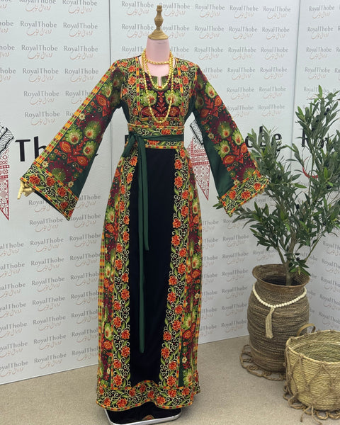 Black/Olive Green Floral Long Full Embroidered Thobe