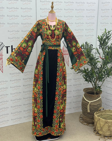 Black/Olive Green Floral Long Full Embroidered Thobe