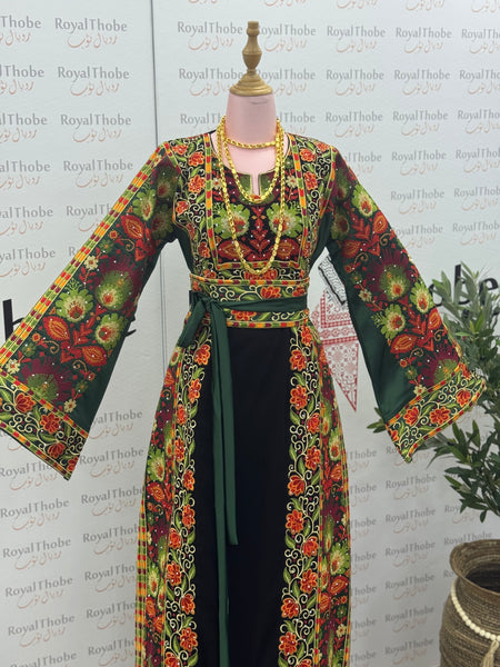 Black/Olive Green Floral Long Full Embroidered Thobe