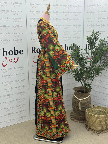 Black/Olive Green Floral Long Full Embroidered Thobe