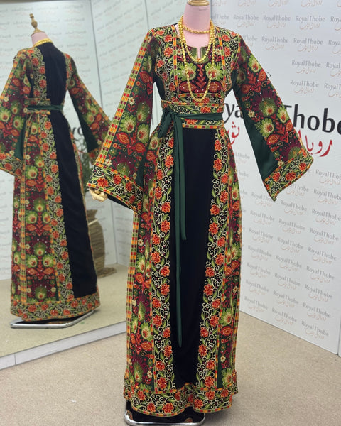 Black/Olive Green Floral Long Full Embroidered Thobe