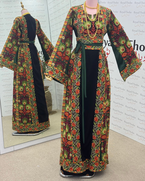 Black/Olive Green Floral Long Full Embroidered Thobe