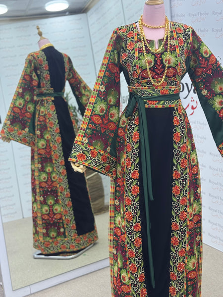 Black/Olive Green Floral Long Full Embroidered Thobe