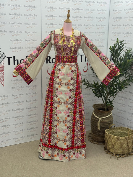 Beige/ Burgundy Floral Manajel Long Full Embroidered Thobe
