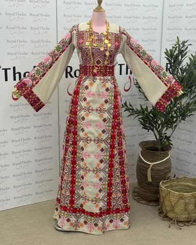 Beige/ Burgundy Floral Manajel Long Full Embroidered Thobe