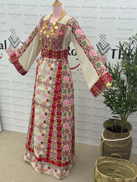 Beige/ Burgundy Floral Manajel Long Full Embroidered Thobe