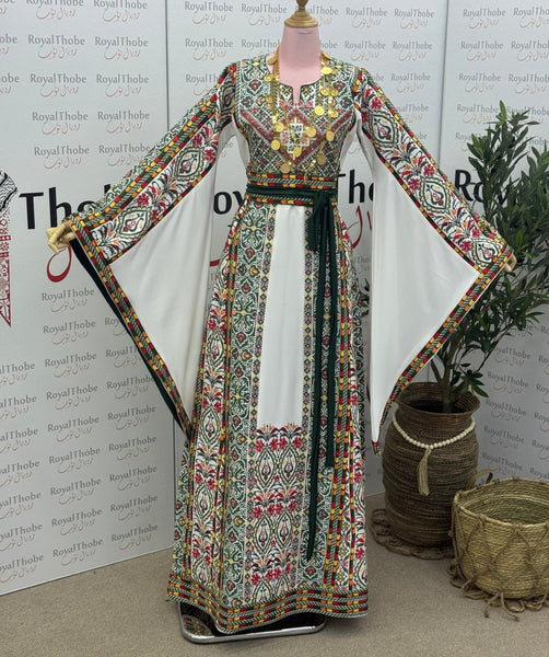 White/ Olive Green Floral Long Full Embroidered Thobe