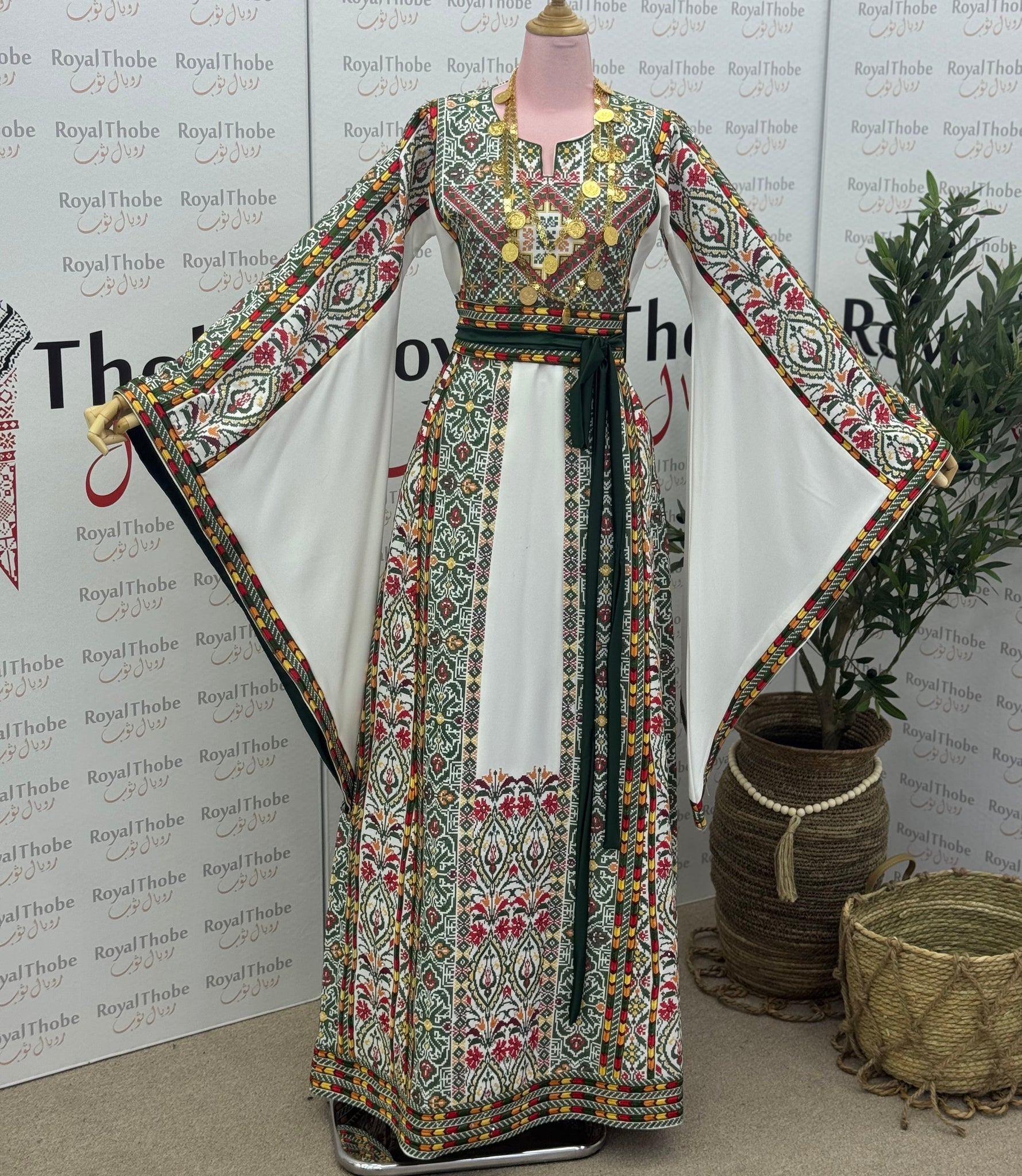 White/ Olive Green Floral Long Full Embroidered Thobe