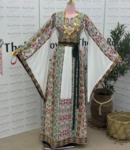White/ Olive Green Floral Long Full Embroidered Thobe