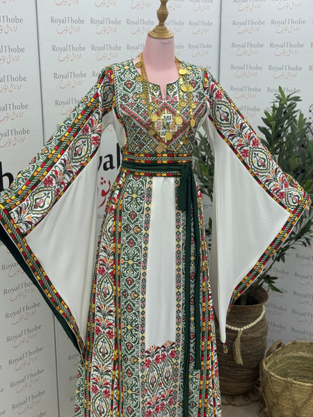 White/ Olive Green Floral Long Full Embroidered Thobe