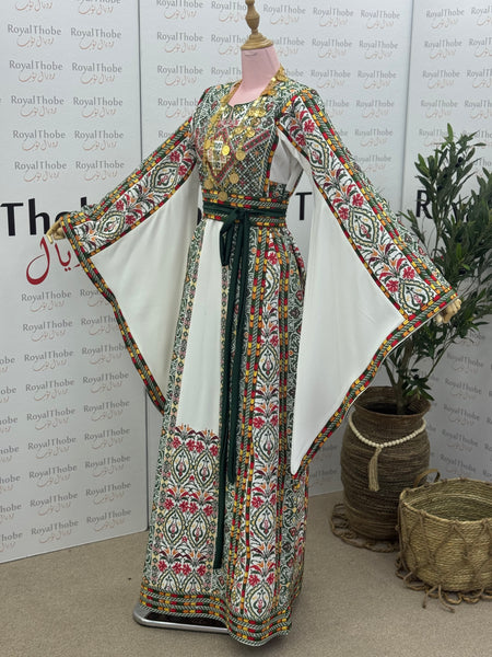 White/ Olive Green Floral Long Full Embroidered Thobe