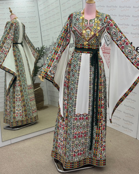 White/ Olive Green Floral Long Full Embroidered Thobe