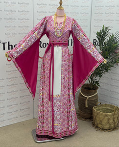 White/ Pink Floral Long Full Embroidered Thobe