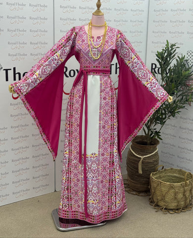 White/ Pink Floral Long Full Embroidered Thobe