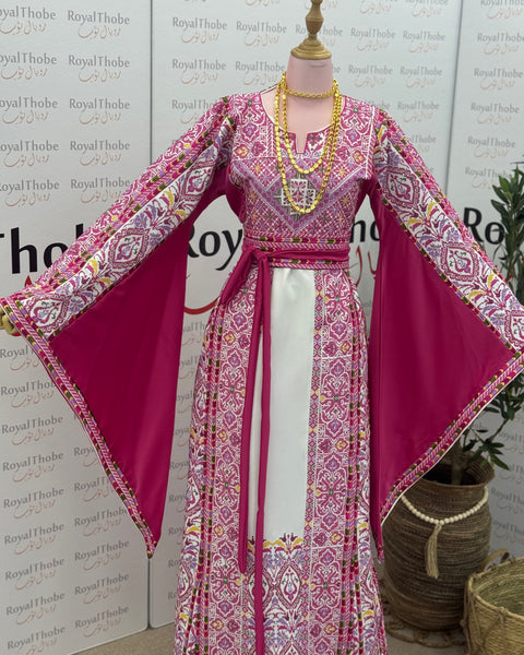 White/ Pink Floral Long Full Embroidered Thobe