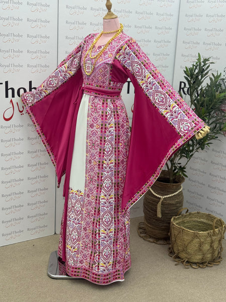 White/ Pink Floral Long Full Embroidered Thobe
