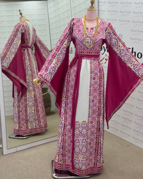 White/ Pink Floral Long Full Embroidered Thobe